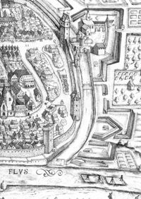 Zerstörte Straßenzüge am Fleiner Tor; 1658
Stadtansicht von Johann Sigmund Schlehenried (Ausschnitt)