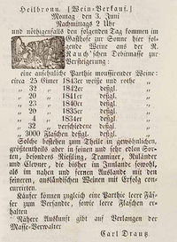 Anzeige im Heilbronner Intelligenz-Blatt über die Zwangsversteigerung von Sekt aus der Konkursmasse von Teilhaber Rudolph Rauch; 1844
(Stadtarchiv Heilbronn)