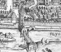 Brückentor, 1658 
Stadtansicht von Johann Sigmund Schlehenried (Ausschnitt)
(Stadtarchiv Heilbronn)
