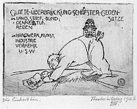 Peter Bruckmann als „Überbrücker schärfster Gegensätze“
Radierung von Walther Eberbach 1926
(Stadtarchiv Heilbronn)