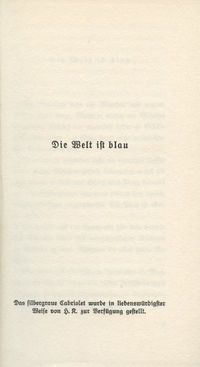 Victoria Wolf: Die Welt ist blau. Ein Sommer-Roman aus Ascona. Bibliothek zeitgenössischer Werke, Zürich 1934