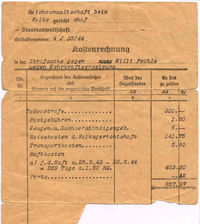 Kostenrechnung über die Hinrichtung von Willi Fröhle; 1944
(Stadtarchiv Heilbronn)